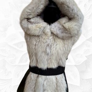 Handmade Leather Vest with Hood, Silver Fox Fur Front, and Rhinestone Belt